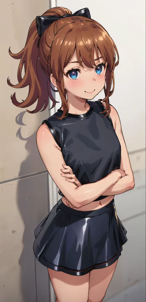 best quality, (masterpiece:1.2), highly detailed, standing, street,
1girl, solo, akatsuki minami,
looking at the viewer, closed mouth, smile, slight blush,
blue eyes, brown hair, ponytail, hair bow, sleeveless, ((dominant girl, latex skirt, cropped latex s...