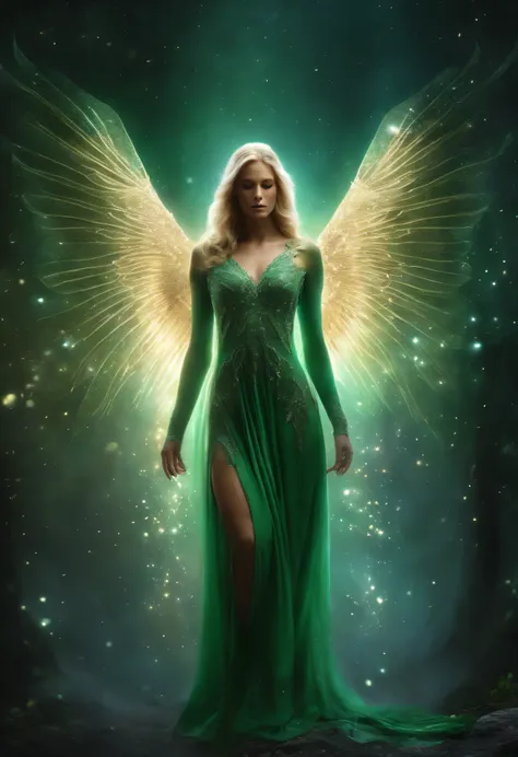 Wingless cosmic fallen angel, olhos claros brilhantes, Biomechanics, estranho, repugnante, de pesadelo, Cores muito brilhantes, light particles, com luz brilhando, Mshiff, arte de papel de parede, Papel de parede UHD, vestido verde com roseiras