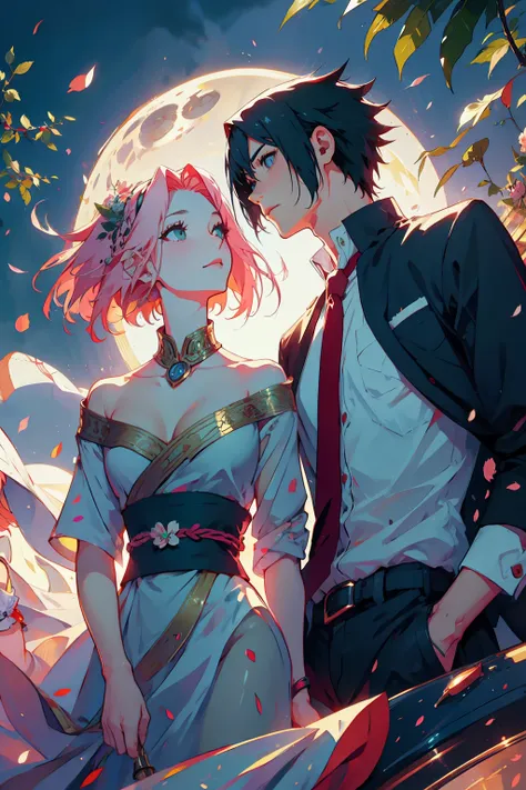 anime couple standing in front of a full moon with petals flying around