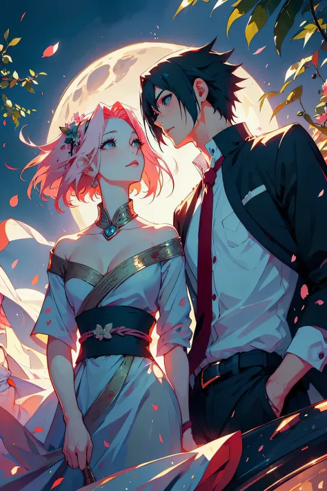 anime couple standing in front of a full moon