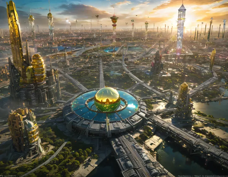 (golden hour lighting), megacity, megalopolis of an imaginary world of science fiction , parecido a una disneylandia futurista, ...