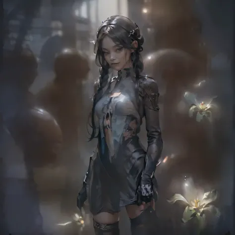 (((Create one girl 16+), (smoke, fire), (fantastic scene), (dramatic, lighting)))_(((Little loli, petite, chibi, full height), (thin graceful body, in full height - standing, firing from a powerful modern weapon), (beautiful figure, half a turn)_(16+ years...