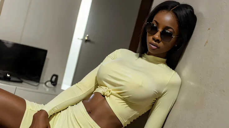 Create an image of fair skinned Nigeria woman. She must be tall, slim and light skin. She must be busty. She must wear tight-fitting cloth. She must wear black sun glasses. She must be well dressed.