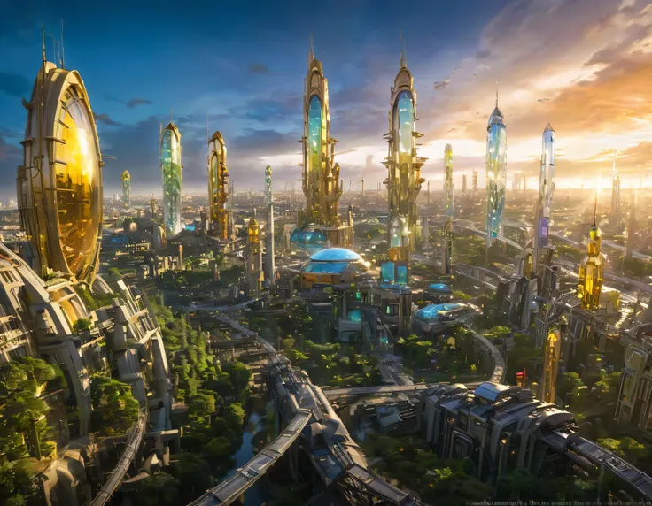 (golden hour lighting), megacity, megalopolis of an imaginary world of science fiction , parecido a una disneylandia futurista, ...