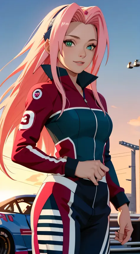 tmasterpiece， Best quality at best， 1girll， Sakura Haruno， Raised sexy，is shy，ssmile，with pink hair， long whitr hair， （Green eyeballs:1.4)， blue forehead protection， wearing nascar suit, standing next to a race car, race in circuit