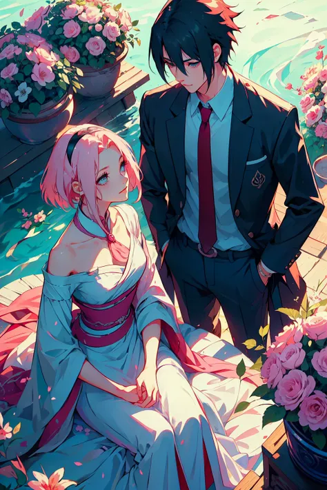 sasusaku the couple in the photo are deeply in love and lost in the moment. sasuke, the man is tall and handsome, wistoh chisell...