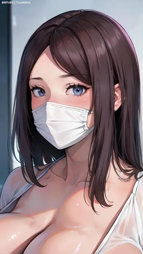 (best quality,4k,highres,masterpiece:1.2),ultra-detailed,(realistic,photorealistic:1.37),portraits,shiny skin,soft skin,white skin,HDR,studio lighting,bokeh,white shirt, see-through shirt,gigantic breasts,huge cleavage,Breasts focus,luscious cleavage, mess...