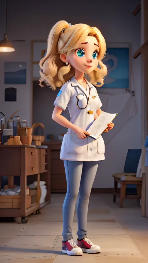 ((Best quality)), ((artwork)), (Detailed), Perfect face, A twenty-two year old girl with blonde hair, Her hair is straight and her blue eyes look into the camera, Wear white veterinary uniform , She holds a medical report in her hand , Full body
