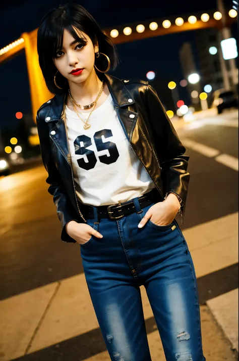 photo of a boyish woman,shortcut,black hair,punk fashion,whole body,black mask,leather jacket,Slim fit jeans,Dr. Martens Boots,leather belt, golden earrings,golden necklace,downtown at night,white t-shirt