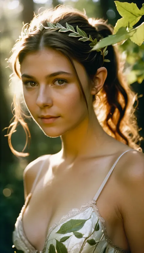 analog film photo, photo of a young girl, 18 years-old, (leaf-covered bra:1.1), elf, elf ears, long pointy ear tips, brown eyes, messy ponytail, light-brown sun-tanned skin, pretty, natural beauty, resembles a young Mary Elizabeth Winstead, humid day, elve...