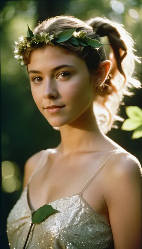 analog film photo, photo of a young girl, 18 years-old, (leaf-covered crop top:1.1), elf, elf ears, long pointy ear tips, brown eyes, messy ponytail, light-brown sun-tanned skin, pretty, natural beauty, resembles a young Mary Elizabeth Winstead, humid day,...