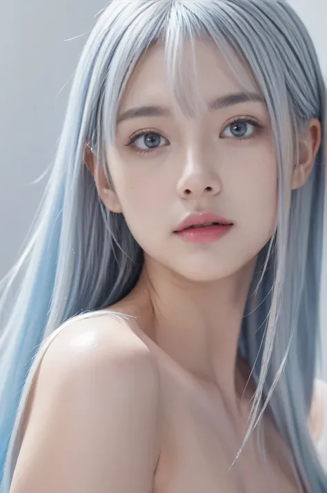 Realistic photos、Soft natural light、2girls, cute models、19 years old, smooth soft skin、(Light blue eyes),   (bangs, long hair, multicolored hair, gradient hair, two-tone hair, silver hair, pink hair, blue hair:1.2)  、Natural skin texture、hair long、Soft lig...