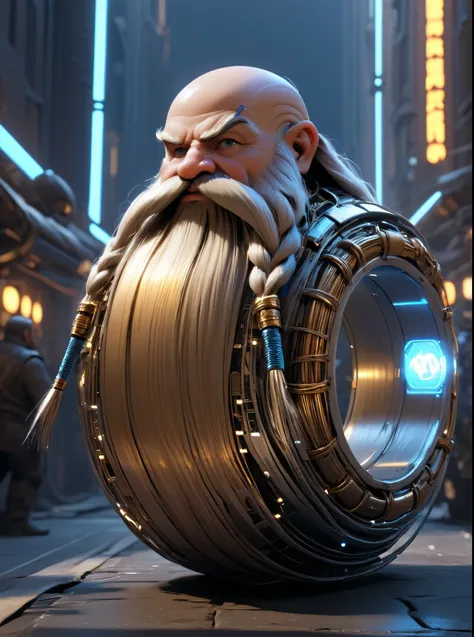 cybernetic robot  ultra detailed, masterpiece,  Harry_Dwarf,  dwarf-like, flowing long Silver|gold beard, twirly moustache,bald, bangles, back lighting, cinematic neon lighting, in a city, android, vehicles, machine, metal, wires, tech, futuristic, (ultra-...