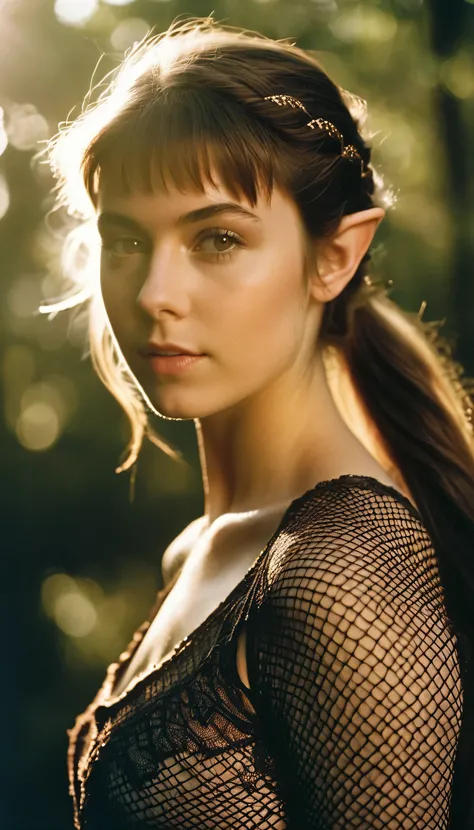 analog film photo, photo of a young girl, 18 years-old, (fishnet top:1.1), elf, elf ears, long pointy ear tips, brown eyes, messy ponytail, light-brown sun-tanned skin, pretty, natural beauty, resembles a young Mary Elizabeth Winstead, humid day, elven for...