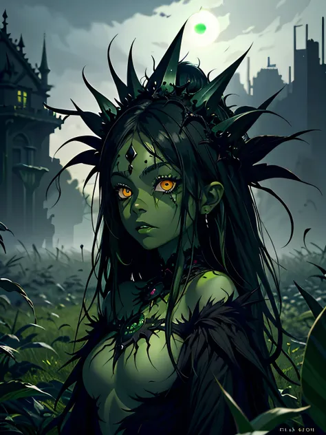 Dark fantasy, dark (cactus girl), monster girl, (white eyes), dark green skin, ((dark green skin)), messy grass hair, bare shoulders, iron crown, dark night, black sky, gloomy sky, cold lighting, highly detailed art, many details, highly detailed dark fant...