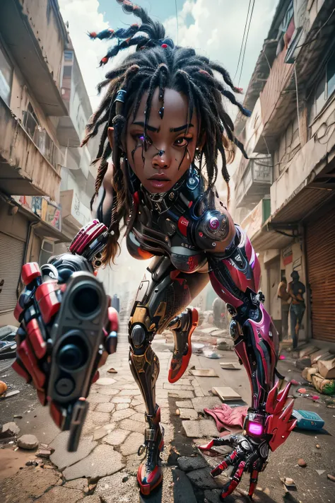 a close up of a person with dreadlocks holding a gun, african cyberpunk wizards, a teen black cyborg, cyberpunk art ultrarealistic 8k, hyper-realistic cyberpunk style, cybernetic dreadlocks, cyberpunk robot, a cyborg, cyborg tech on body and legs, cyberpun...