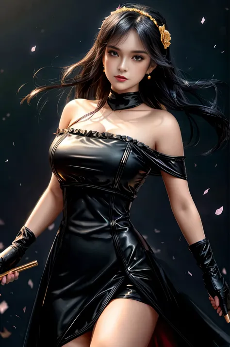 yor briar, (photorealistic), beautiful girl,
backlighting, bare shoulders, black background, black dress, black gloves, black hair, breasts, closed mouth, cowboy shot, dress, earrings, expressionless, fingerless gloves, floating hair, gloves, gold earrin...
