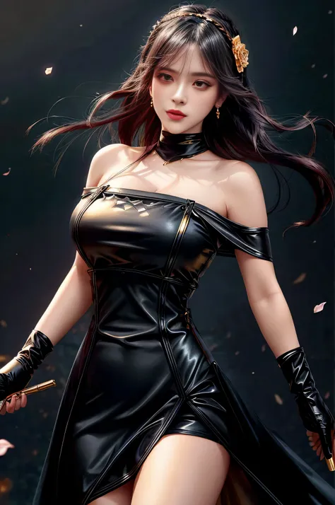 yor briar, (photorealistic), beautiful girl,
backlighting, bare shoulders, black background, black dress, black gloves, black hair, breasts, closed mouth, cowboy shot, dress, earrings, expressionless, fingerless gloves, floating hair, gloves, gold earrin...
