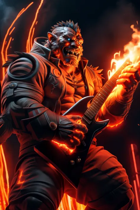 1boy, full body image of an orc with lava-textured skin, a thick beard, and in full heavy armor, playing an electric guitar on s...