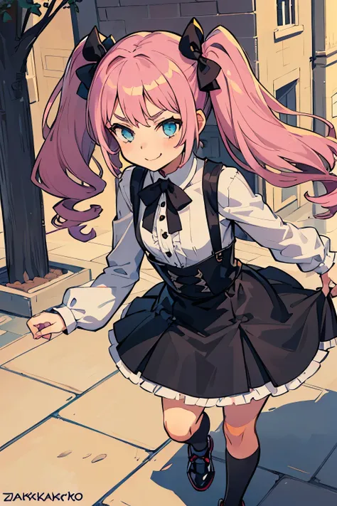 4 Girls with pink hair, long twintail hairstyle, small bushy eyebrows, wearing gothic lolita clothing, lolicon (Zankuro) drawing style by zankuro artist, Zancrow style, image uploaded to R34, walking to school, flirty smile, , lifting her skirt to show her...