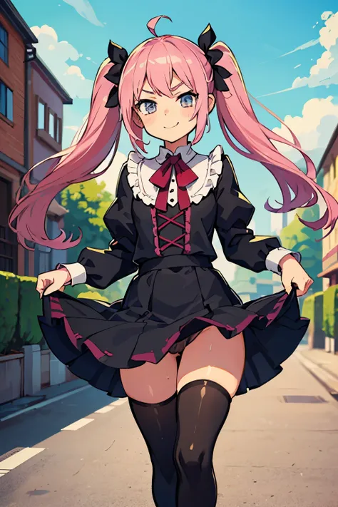 4 Girls with pink hair, long twintail hairstyle, small bushy eyebrows, wearing gothic lolita clothing, lolicon (Zankuro) drawing style by zankuro artist, Zancrow style, image uploaded to R34, walking to school, flirty smile, , lifting her skirt to show her...