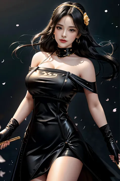 yor briar, (photorealistic), beautiful girl,
backlighting, bare shoulders, black background, black dress, black gloves, black hair, breasts, closed mouth, cowboy shot, dress, earrings, expressionless, fingerless gloves, floating hair, gloves, gold earrin...