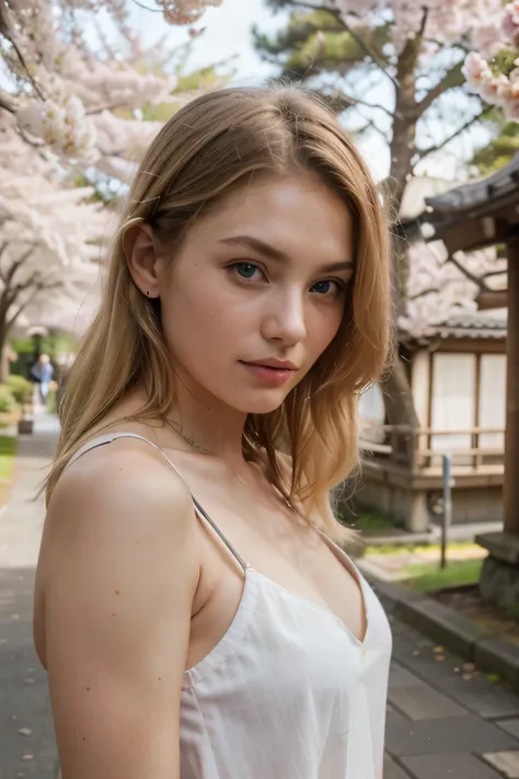 Extremely realistic blonde Russian girl with blonde hair and blue eyes, in japan, japan buildings , cherry blossom trees