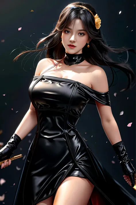 yor briar, (photorealistic), beautiful girl, 

backlighting, bare shoulders, black background, black dress, black gloves, black hair, breasts, closed mouth, cowboy shot, dress, earrings, expressionless, fingerless gloves, floating hair, gloves, gold earrin...