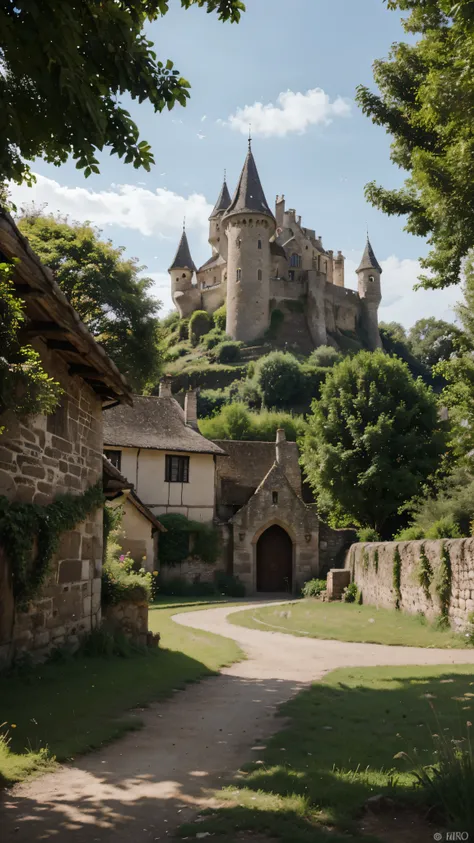 a traves de la ventana del castillo,lejos podia ver la aldea que rodeaba el castillo,con sus casas de piedra y techos de paja,de donde los aldeanos ya comenzaban sus labores diarias.(best quality,4k,8k,highres,masterpiece:1.2),ultra-detailed,(realistic,pho...