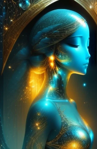 imagine a glass woman, her delicate figure is like a sculpture-like work of art, crying in the starry sky. the blue night envelo...