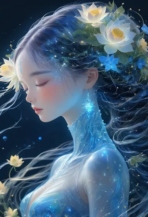 imagine a glass woman, Her delicate figure is like a sculpture-like work of art, Crying in the Starry Sky. The blue night enveloped her, Casting a melancholy light on her ethereal figure. Her glass body glows with bright blue hues, Every line and curve is ...