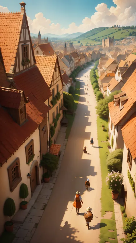 a sunny illustration of a medieval village from the movie Puss in Boots with orange tones, with some knights on the street