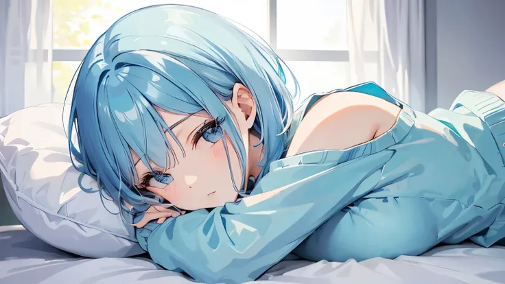 (one girl)light blue hair color、medium bob hairstyle、lying on the bed、night、hugging a pillow、facing this way、shy、face is close、young