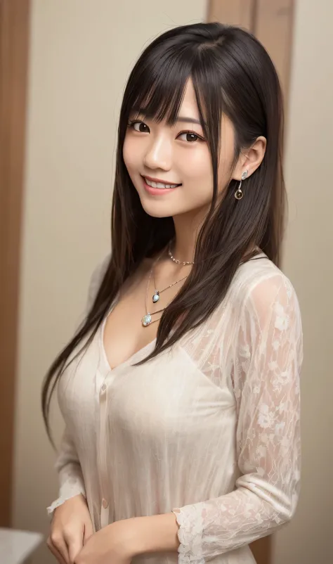 realistic,Super adopted,one young beautiful japanese girl, smile, OOTD,round and young face,full accessories,necklace,big, clear and gentle eyes,long eyelashes,slim waist,light makeup,clean teeth, smiled a little. beautiful straight black hair,  hair flowi...