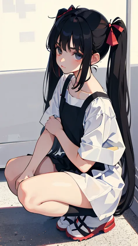 (short cute girl，small young student，young delicate girl）,（masterpiece，Top quality)，squat，，short sleeve，Long twin tails with black hair，sleepy