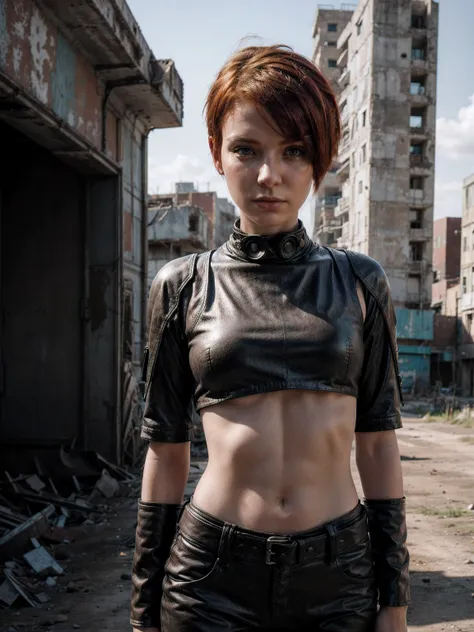 a mid portrait photo of 30 y.o woman in wastelander clothes, red hair, short haircut, pale skin, slim body, the background is city ruins, clean face, wearing a leather outfit, realistic textured eyes, (high detailed skin:1.2),8k uhd, dslr, soft lighting, h...