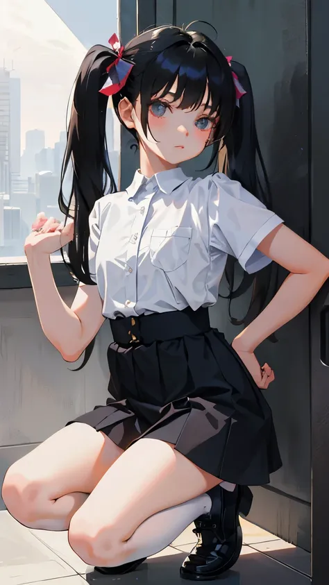 (short cute girl，small young student，young delicate girl）,（masterpiece，Top quality)，squat，，short sleeve，Long twin tails with black hair，sleepy