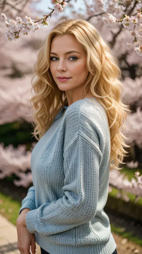 Masterpiece, photo of Nice 35 years old woman, blondes Haar, lockige Haare, curly hair, sexy, Nice, pullover grau, Portait, schmales feines Gesicht, dslr, 8k, 4k, Filmstill, Natural skin, strukturierte Haut, outside, Spring, Cherry blossoms