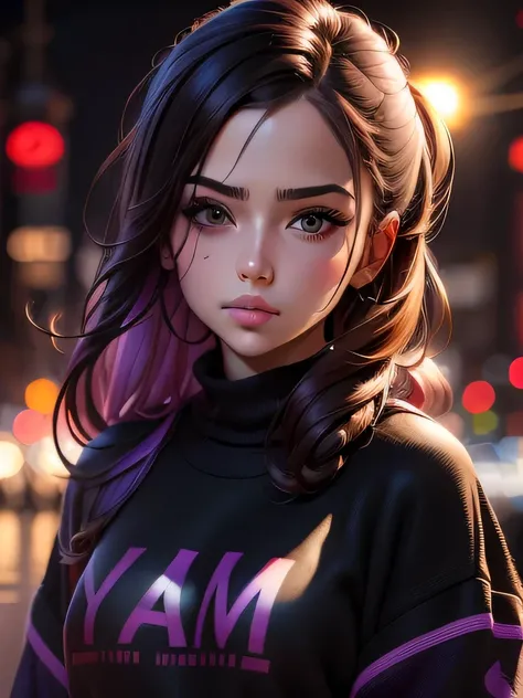 girl in a black sweater with the inscription "Mio" on topic, Brown hair, realism, 3D rendering style, beautiful purple pink background, beautiful blur