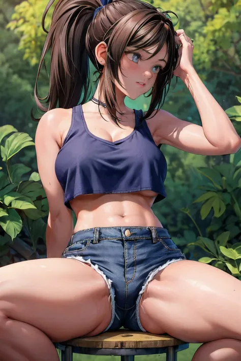 beautiful, crouching down to pee, peeing, dripping wet from pussy pissing (table top:1.2), (highest quality:1.2), perfect eyes, perfect face, perfect lighting, 1 girl、Very embarrassed、blush、a lot of sweat、back boob, baseball cap, Black panties, chest, brow...