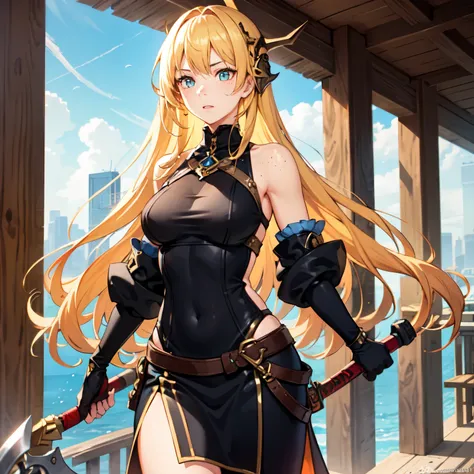 Girl who is a tank with a two-handed axe., trong muscular body, long hair, yellow hair, blue eyes, freckles (face), extremely detailed CG unit wallpaper. She wears Viking clothing.