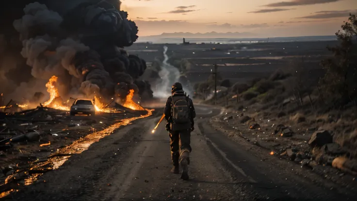 A realistic photo of a post-apocalyptic world where volcanoes erupted and covered the land with lava and ash. The photo shows a person wearing a gas mask, a leather jacket, pants, boots, and gloves. They have a backpack, a shotgun, and a flashlight. They a...