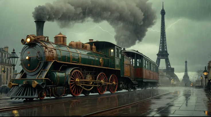 A highly detailed steampunk  Locomotive train is riding in 1908 the weather is raining in the little station streets and old steampunk buildings around with the eiffel Tower in the background