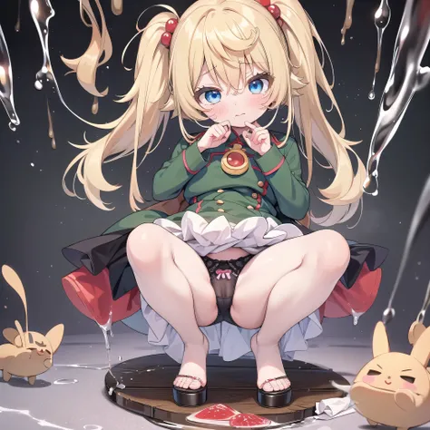 vivid description,High Quality Tanya Degurechaff, uniform, 、Kindergarten children、、6 years old、、 of、one person、big breasts、squat with legs apart、blush、Cute patterned pants、embarrassed look、Panties are transparent、my panties get wet、Mushy white love juice、D...