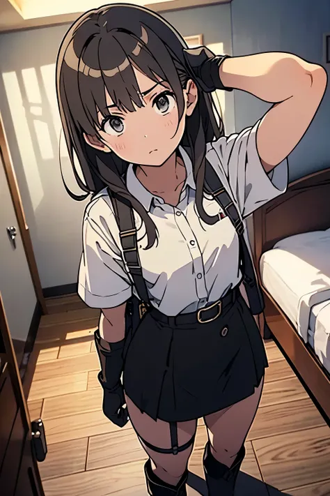brown hair、looking at the viewer　　suspenders　　　Moderate chest　　 　 　　　　black mini skirt　garter belt　knee high socks　　　　　　Aerial perspective　　　small face　bangs 　　　　　Beauty　　hands up　　 　sideways view 　black boots 　provocation　　　one person 　　　　　　hands behind　p...