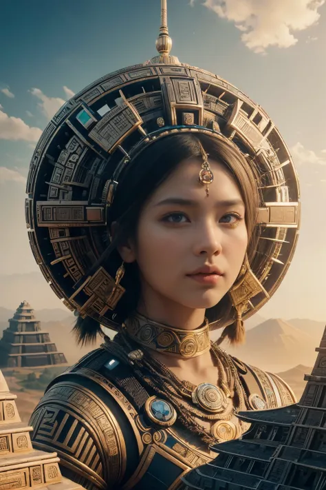 (high quality), (masterpiece), (detailed), 8K, Hyper-realistic portrayal of a futuristic (1girl1.2), Japanese character amidst Aztec-inspired scenery with a towering ziggurat. Meticulous details capture the fusion of cultural elements and futuristic innova...