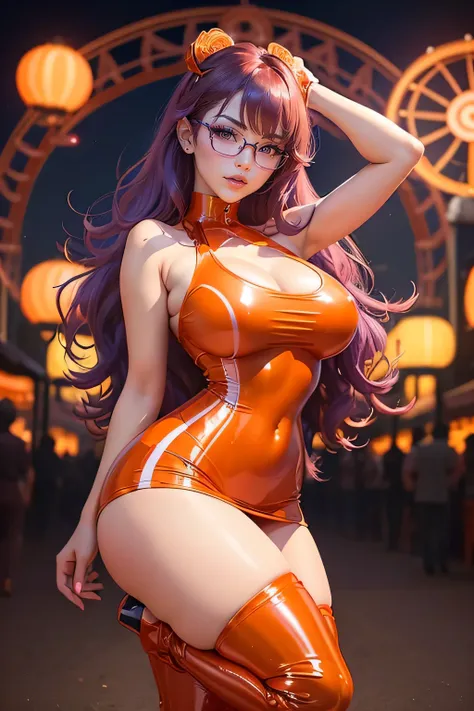 Chinese idol girl　mature woman　purple hair with bangs　wavy hair　Glasses　big breasts　big breasts　Push your chest together to create cleavage　Big eyes　((bright red plump lips))　((Ferris wheel on a midsummer night))　　((Racing model style bodycon dress made of...