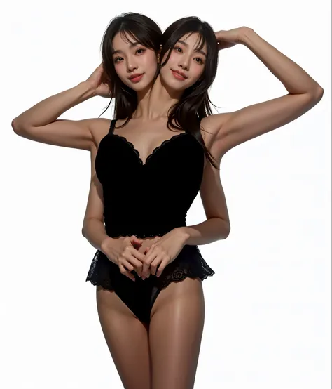 best resolution, korean woman with two heads, bangs, flirty pose, smiling, extra arms, black lingerie white background