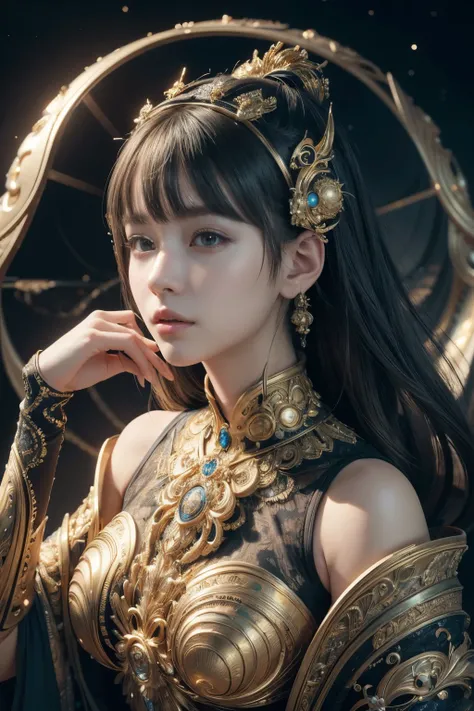 (high quality), (masterpiece), (detailed), 8K, Hyper-realistic portrayal of a futuristic (1girl1.2), Japanese character within a mandelbulb-inspired gold environment. Meticulous details capture the seamless blend of tradition and innovation in this visuall...