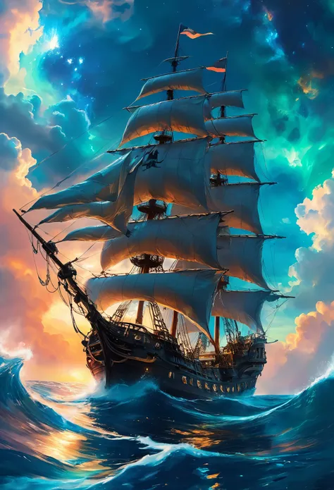 a glass bottle on its side containing a translucent blue sea nebula and majestic pirate ship, ethereal, cinematographic, retroil...